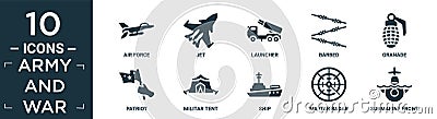filled army and war icon set. contain flat air force, jet, launcher, barbed, granade, patriot, militar tent, ship, militar radar, Vector Illustration