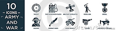 filled army and war icon set. contain flat target, time bomb with clock, military satellites, rebellion, medal, soldier, combat Vector Illustration