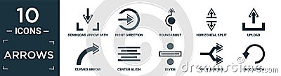 filled arrows icon set. contain flat download arrow with line, right direction, roundabout, horizontal split, upload, curved arrow Vector Illustration