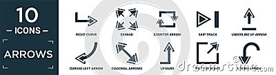 filled arrows icon set. contain flat right curve, expand, counter arrow, skip track, underline up arrow, curved left arrow, Vector Illustration