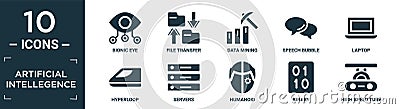 filled artificial intellegence icon set. contain flat bionic eye, file transfer, data mining, speech bubble, laptop, hyperloop, Vector Illustration