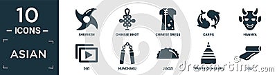 filled asian icon set. contain flat shuriken, chinese knot, chinese dress, carps, hannya, dizi, nunchaku, jiaozi, temple of heaven Vector Illustration