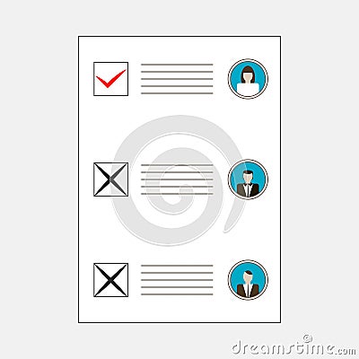 Filled ballot form with three candidates avatars Vector Illustration