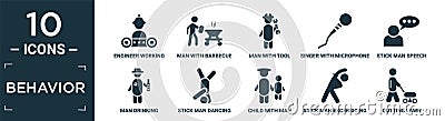 filled behavior icon set. contain flat engineer working, man with barbecue, man with tool, singer with microphone, stick man Vector Illustration
