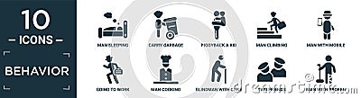 filled behavior icon set. contain flat man sleeping, carry garbage, piggyback a kid, man climbing, man with mobile phone, going to Vector Illustration