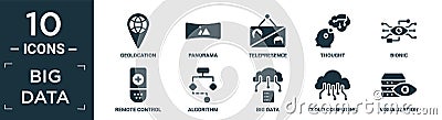 filled big data icon set. contain flat geolocation, panorama, telepresence, thought, bionic, remote control, algorithm, big data, Vector Illustration