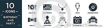 filled birthday and party icon set. contain flat love plate, just married, necklace, selfie, romantic music, bow tie, love potion Vector Illustration