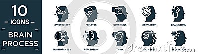 filled brain process icon set. contain flat opportunity, feelings, questions, orientation, brainstorm, brain process, perception, Vector Illustration