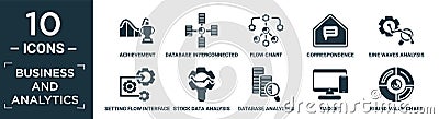 filled business and analytics icon set. contain flat achievement, database interconnected, flow chart, correspondence, sine waves Vector Illustration