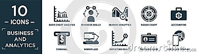 filled business and analytics icon set. contain flat bars chart analysis, business skills, search analytics, radar chart, Vector Illustration