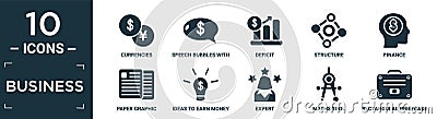 filled business icon set. contain flat currencies, speech bubbles with dollar, deficit, structure, finance, paper graphic, ideas Vector Illustration