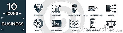 filled business icon set. contain flat dress code, wave chart, online payment, laptop profits graphics, variety, chart pie, Vector Illustration