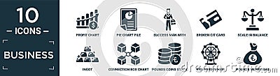 filled business icon set. contain flat profit chart, pie chart file, success man with suitcase, broken cit card, scale in balance Vector Illustration