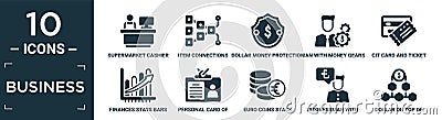 filled business icon set. contain flat supermarket cashier, item connections, dollar money protection, man with money gears, cit Vector Illustration