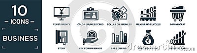 filled business icon set. contain flat yen currency, color business card, dollar on business time, measuring success, mining cart Vector Illustration