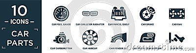 filled car parts icon set. contain flat car fuel gauge, car grille or radiator grille, car parcel shelf, brake, fan, carburettor, Vector Illustration