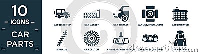 filled car parts icon set. contain flat car hard top, car gasket, car towbar, universal joint, radiator, coil, clutch, rear-view Vector Illustration