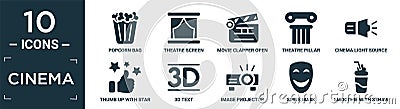 filled cinema icon set. contain flat popcorn bag, theatre screen, movie clapper open, theatre pillar, cinema light source, thumb Vector Illustration