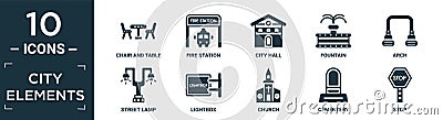 filled city elements icon set. contain flat chair and table, fire station, city hall, fountain, arch, street lamp, lightbox, Vector Illustration