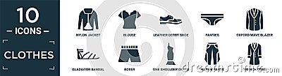 filled clothes icon set. contain flat nylon jacket, blouse, leather derby shoe, panties, oxford wave blazer, gladiator sandal, Vector Illustration