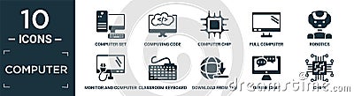 filled computer icon set. contain flat computer set, computing code, computer chip, full robotics, monitor and mouse, classroom Vector Illustration