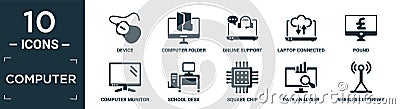 filled computer icon set. contain flat device, computer folder, online support, laptop connected to cloud, pound, computer monitor Vector Illustration
