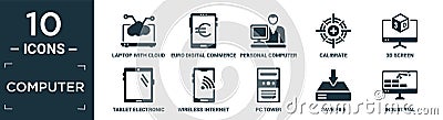 filled computer icon set. contain flat laptop with cloud data, euro digital commerce, personal computer and worker, calibrate, 3d Vector Illustration