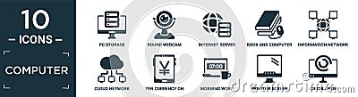 filled computer icon set. contain flat pc storage, round webcam, internet server, book and computer mouse, information network, Vector Illustration