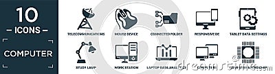 filled computer icon set. contain flat telecommunications, mouse device, connected folder data, responsive de, tablet data Vector Illustration