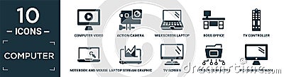 filled computer icon set. contain flat computer video, action camera, widescreen laptop, boss office, tv controller, notebook and Vector Illustration