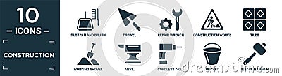 filled construction icon set. contain flat dustpan and brush, trowel, repair wrench, construction works, tiles, working shovel, Vector Illustration