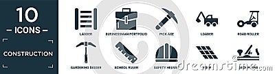 filled construction icon set. contain flat ladder, businessman portfolio, pick axe, loader, road roller, gardening digger, school Vector Illustration