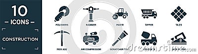 filled construction icon set. contain flat polishers, rammer, paver, tipper, tiles, pick axe, air compressor, scratcher tool, Vector Illustration
