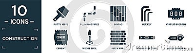 filled construction icon set. contain flat putty knife, plumbing pipes, paving, hex key, circuit breaker, cement, wedge tool, Vector Illustration