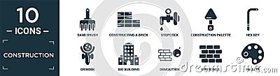 filled construction icon set. contain flat sand brush, constructing a brick wall, stopcock, construction palette, hex key, grinder Vector Illustration