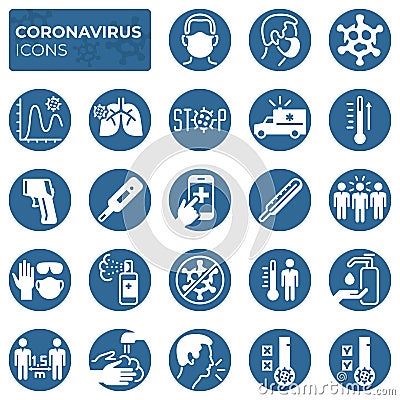 Filled coronavirus icons set. COVID-19 prevention and protection block linear sign collection. Second wave of coronavirus Vector Illustration