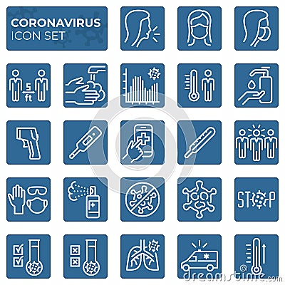 Filled coronavirus icons set. Second wave of coronavirus epidemics. COVID-19 prevention and protection block linear sign Vector Illustration