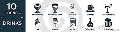 filled drinks icon set. contain flat brandy glass, mind eraser drink, french 75, espresso, last word drink, tuba, brandy, ice tea Vector Illustration