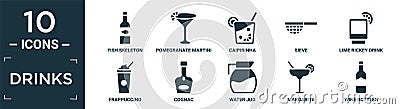 filled drinks icon set. contain flat fish skeleton, pomegranate martini, caipirinha, sieve, lime rickey drink, frappuccino, cognac Vector Illustration