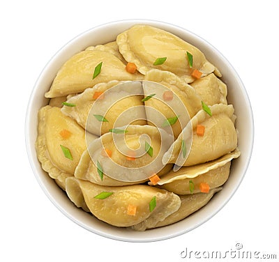 Filled dumplings in bowl isolated on white background, top view Stock Photo