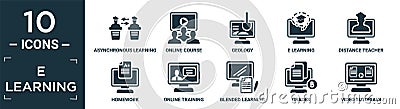 filled e learning icon set. contain flat asynchronous learning, online course, geology, e learning, distance teacher, homework, Vector Illustration