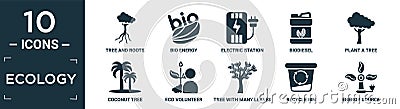 filled ecology icon set. contain flat tree and roots, bio energy, electric station, biodiesel, plant a tree, coconut tree, eco Vector Illustration