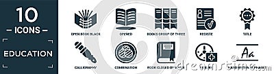filled education icon set. contain flat open book black cover, opened, books group of three from side view, registe, title, Vector Illustration