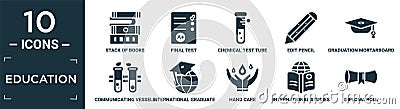 filled education icon set. contain flat stack of books, final test, chemical test tube, edit pencil, graduation mortarboard, Vector Illustration