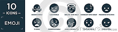 filled emoji icon set. contain flat hugging emoji, laugh emoji, smiling with halo downcast with sweat frowning with open mouth ti Vector Illustration