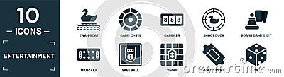 filled entertainment icon set. contain flat swan boat, game chips, gambler, shoot duck, board games set, mancala, skee ball, shogi Vector Illustration