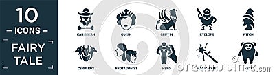 filled fairy tale icon set. contain flat caribbean, queen, griffin, cyclops, witch, cerberus, protagonist, hero, magic wand, yeti Vector Illustration