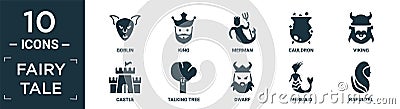 filled fairy tale icon set. contain flat goblin, king, merman, cauldron, viking, castle, talking tree, dwarf, mermaid, rapunzel Vector Illustration