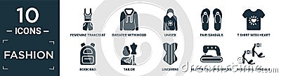 filled fashion icon set. contain flat femenine trakcsuit, sweater with hood, unisex, pair sandals, t shirt with heart, book bag, Vector Illustration