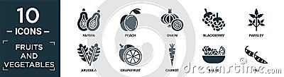 filled fruits and vegetables icon set. contain flat papaya, peach, onion, blackberry, parsley, arugula, grapefruit, carrot, salad Vector Illustration